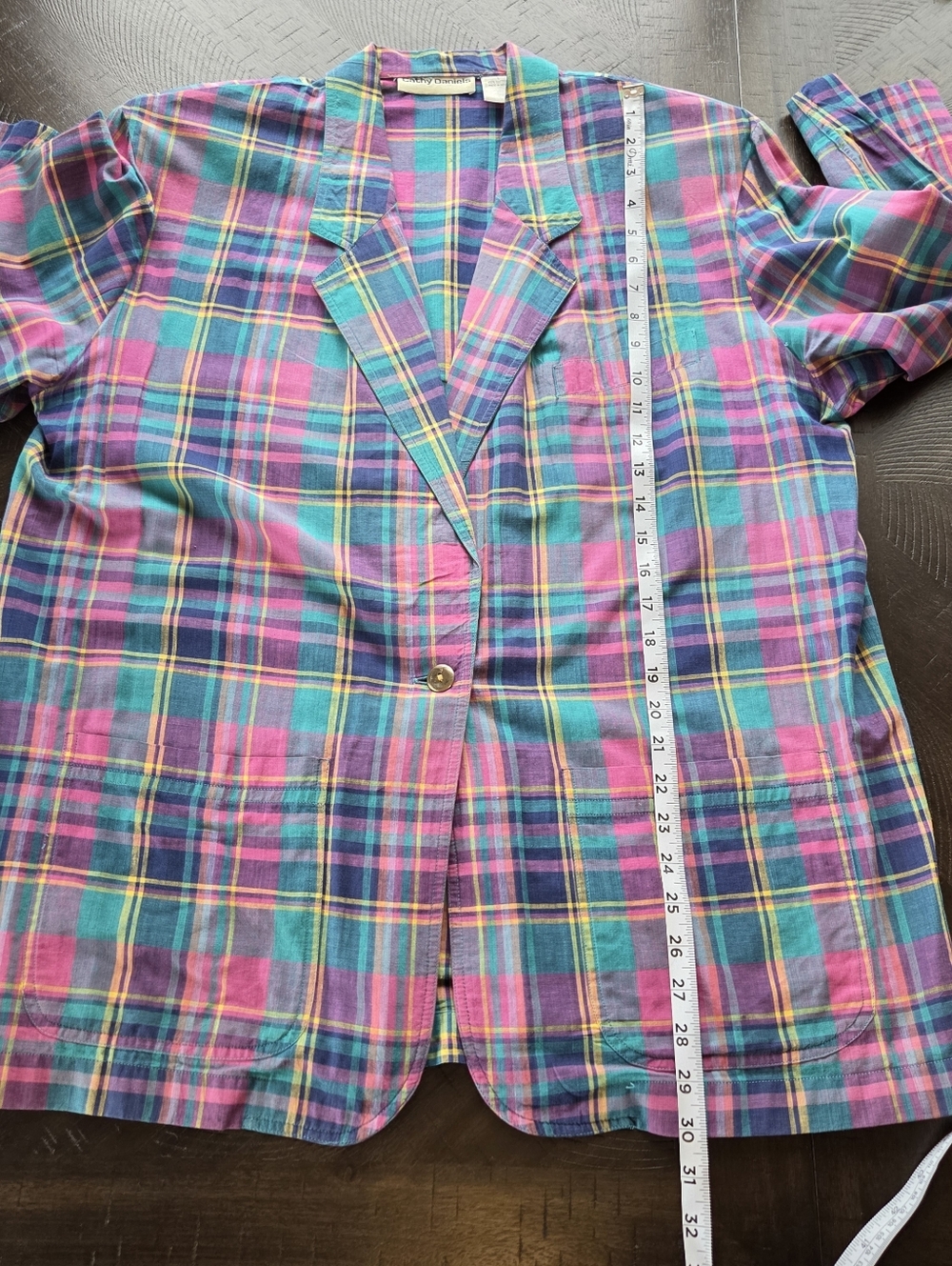 VTG Cathy Daniels Plaid Blazer Large Cotton 80s 90s Multi Color Madras Jacket - Picture 13 of 14
